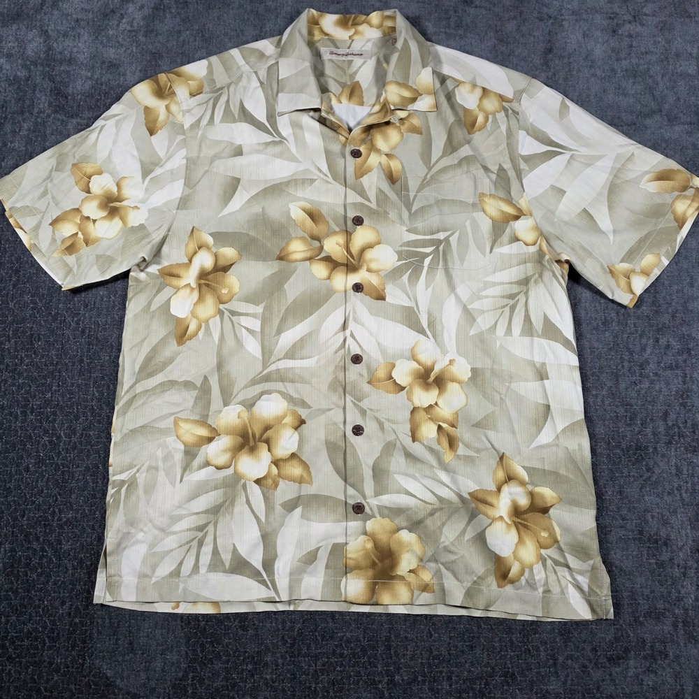 Tommy Bahama Mens Large 100% Silk Floral Tropical Camp Shirt Sage Green Tan